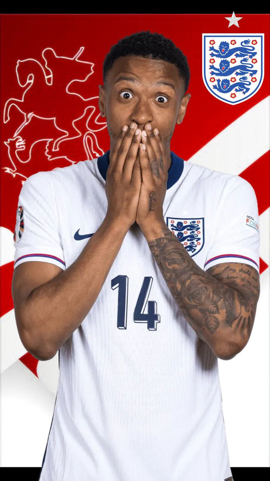 Person wearing an England soccer jersey with a surprised expression, against a red background with a lion emblem.