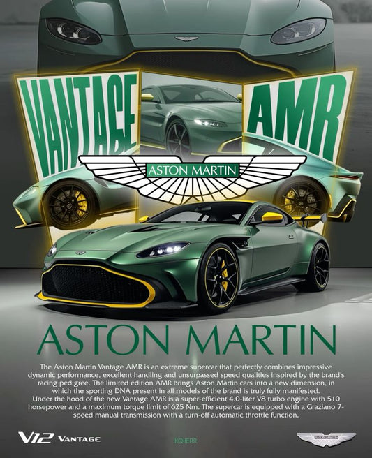 Aston Martin Vantage AMR car with branding and specifications on a gray background