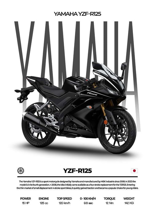 Yamaha YZF-R125 motorcycle on a white background with Yamaha branding.