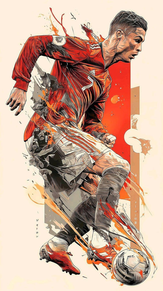 Artistic depiction of a soccer player in action with dynamic colors and splashes.