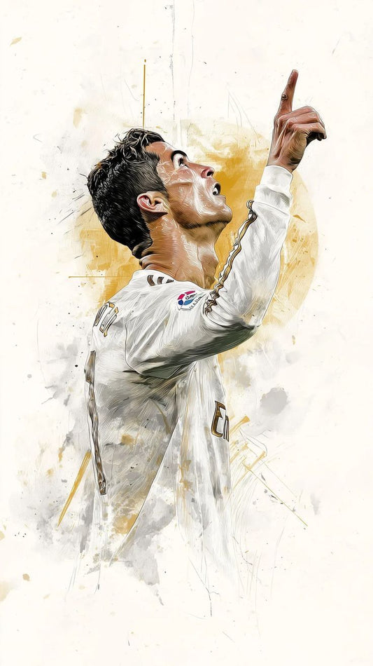 Artistic depiction of a person in a white outfit with a gold emblem, set against a white background.