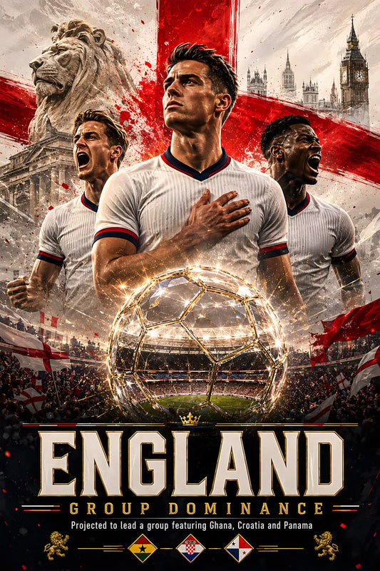 Soccer player with England flag and lion emblem, featuring national team and stadium.