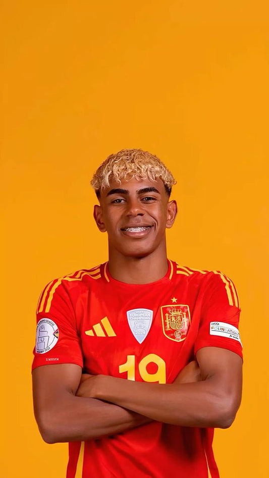 Person wearing a red sports jersey with a yellow background
