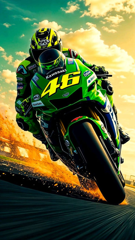 Motorcyclist on a Kawasaki bike with number 46 against a sunset sky