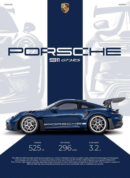Porsche 911 GT3 RS car with Porsche logo and specifications on a blue and white background