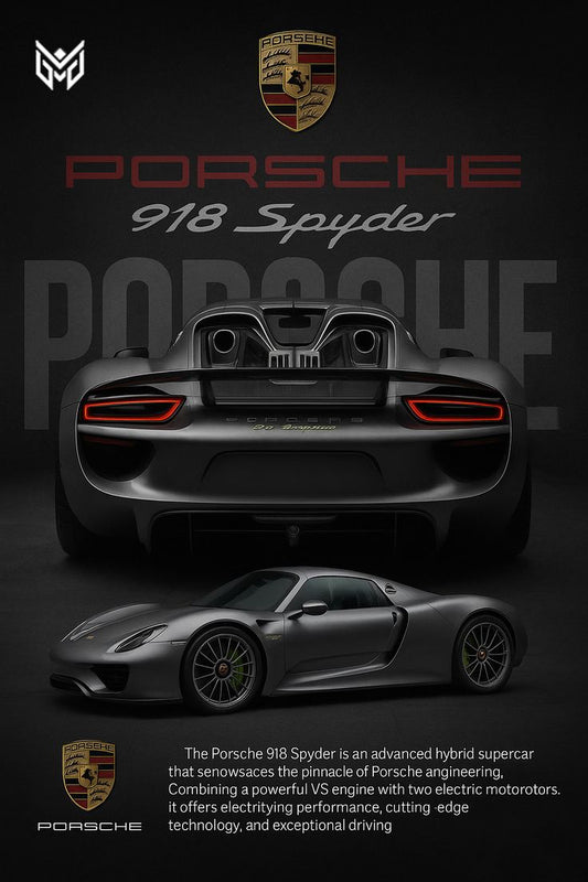 Porsche 918 Spyder car on a dark background with Porsche logo.