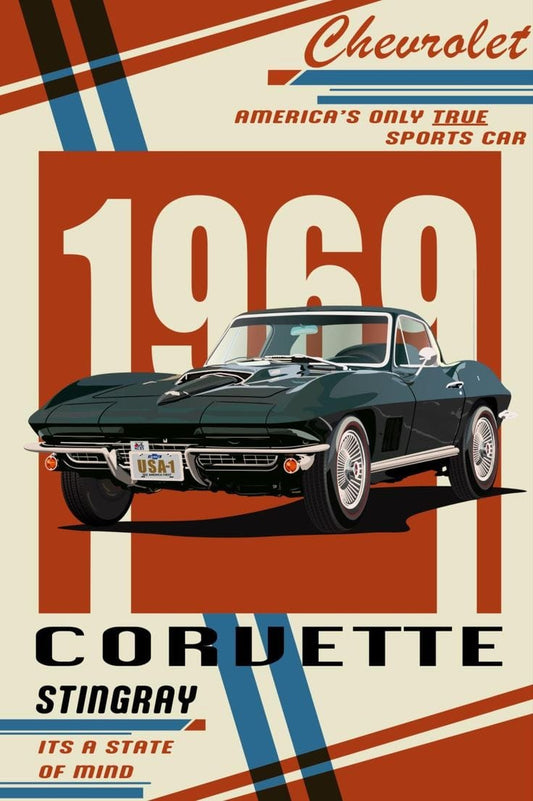 Vintage-style advertisement for 1960 Chevrolet Corvette Stingray with bold text and stripes.