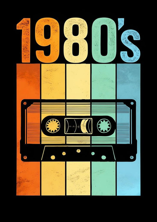 Colorful design of a cassette tape with '1980's' text on a black background