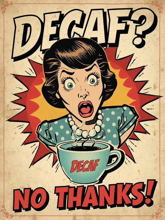 Vintage-style poster with a woman拒绝decaf coffee