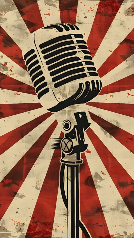 Vintage microphone graphic on a red and white striped background