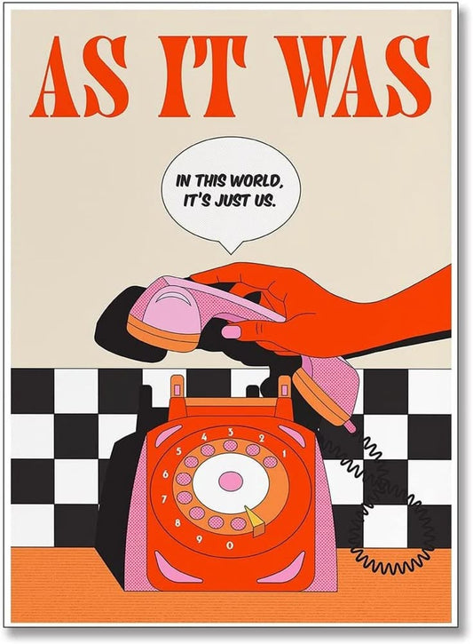 Illustration of a hand holding a pink phone with text on a checkered background