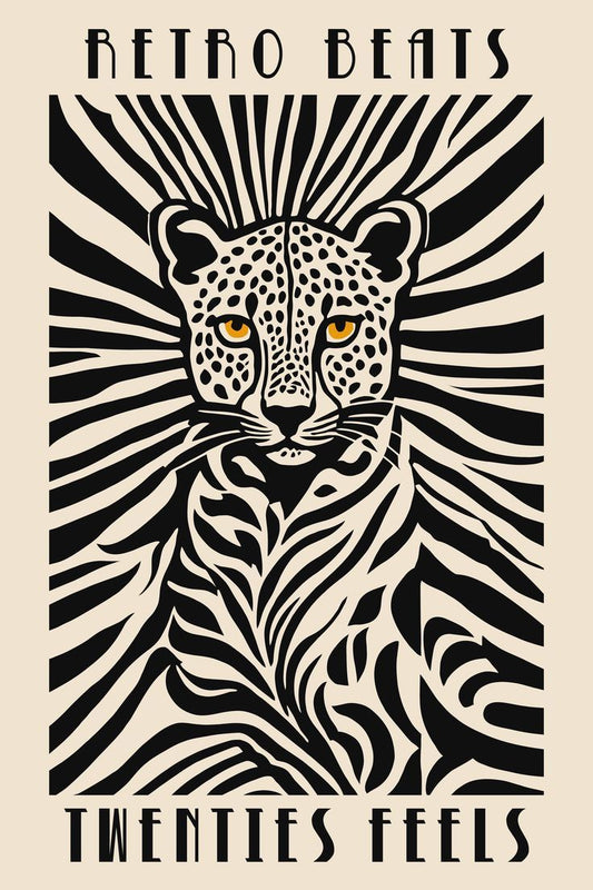 Leopard with zebra pattern and 'Retro Beats Twenties Feels' text on a beige background