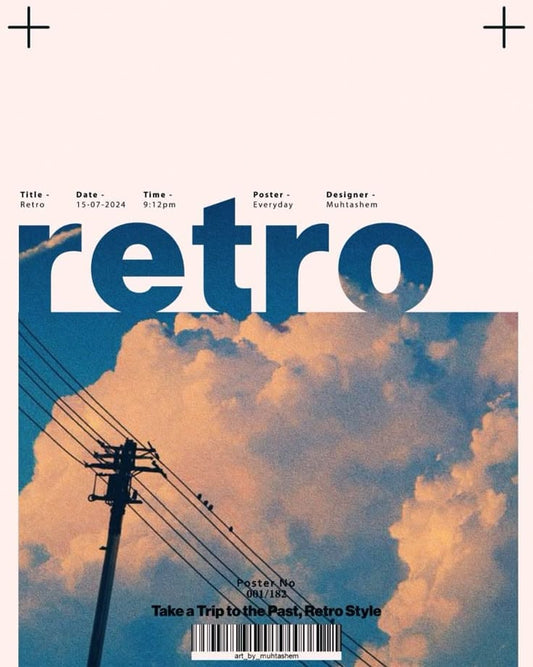 Poster with 'retro' text and telephone pole against a cloudy sky