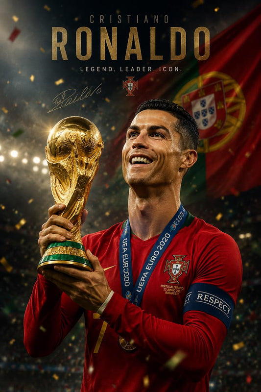 Cristiano Ronaldo holding a World Cup trophy with a Portuguese flag in the background