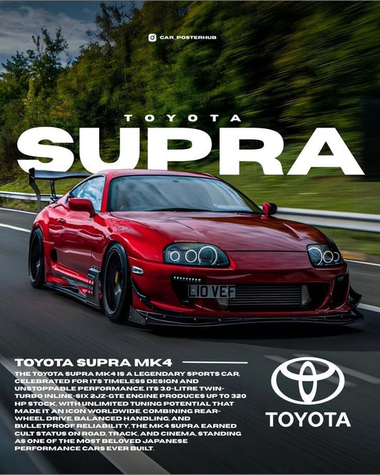 Red Toyota Supra on a racetrack with text about the car's features.