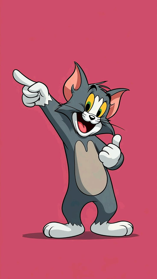 Cartoon cat character pointing with a red background