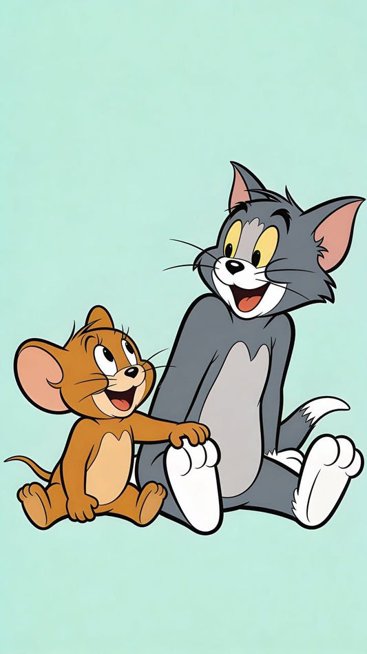 Cartoon cat and mouse characters on a light blue background