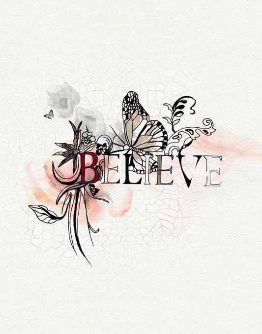 Decorative design with butterfly, flowers, and 'I BELIEVE' text on a light background