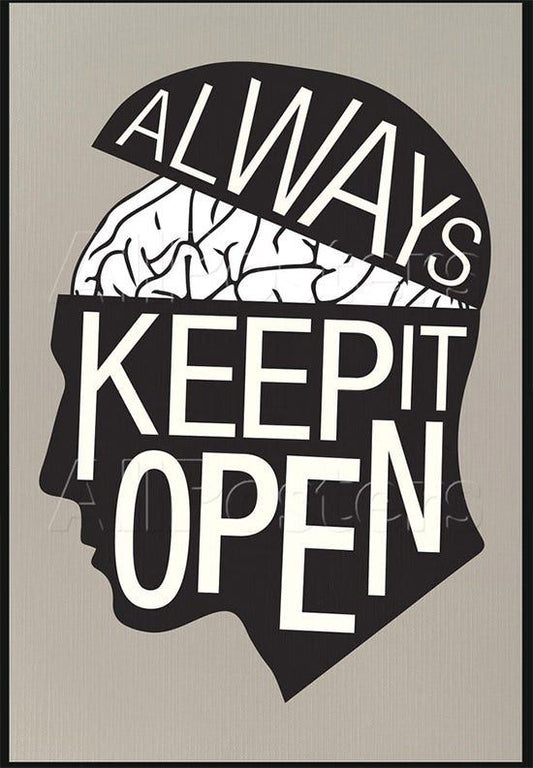 Black silhouette of a head with 'Always Keep It Open' text on a beige background