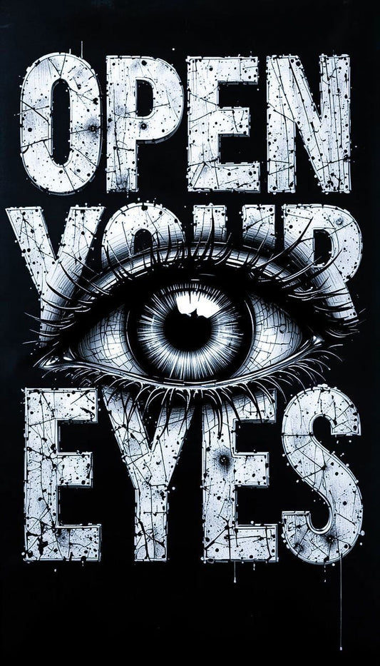 Eye illustration with 'Open Your Eyes' text on a black background