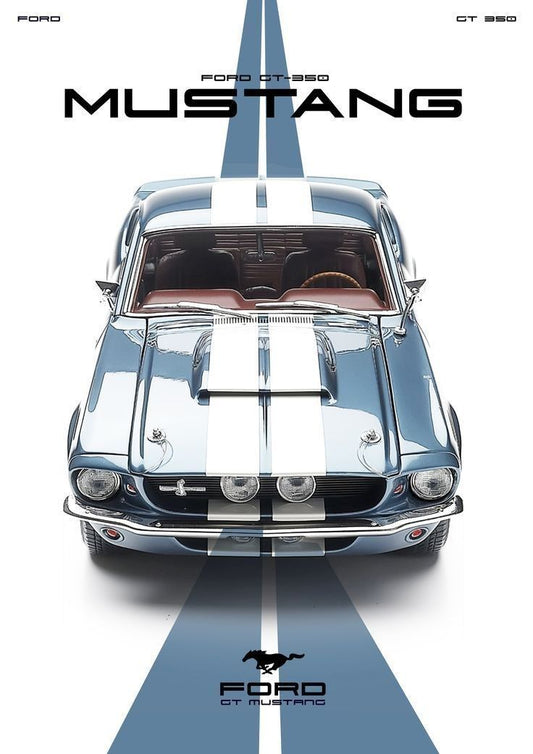 Vintage Ford Mustang GT 350 on a white background with 'Ford' branding.