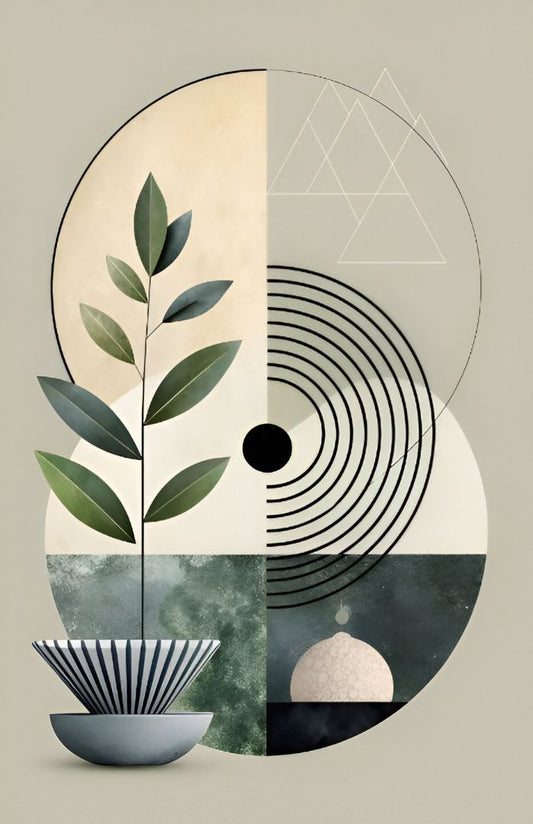 Geometric design with leaves, circles, and abstract shapes on a beige background