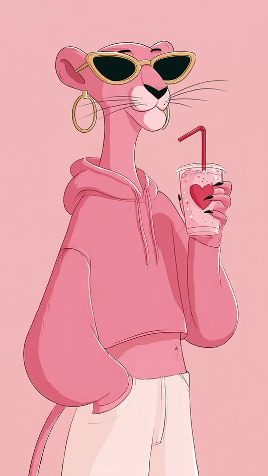 Cartoon pink panther character wearing sunglasses and a pink hoodie, holding a drink with a straw on a pink background.