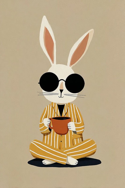 Illustration of a rabbit wearing sunglasses and holding a cup on a beige background