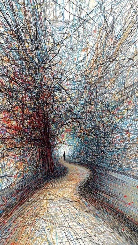 Abstract art of a tree and winding path with wavy lines and colors.