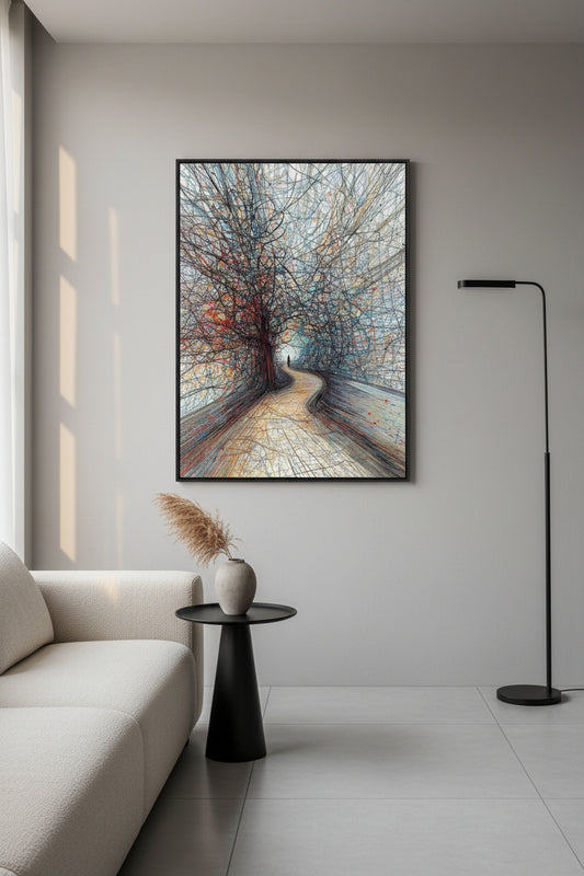 Abstract art of a tree and winding path with wavy lines and colors.