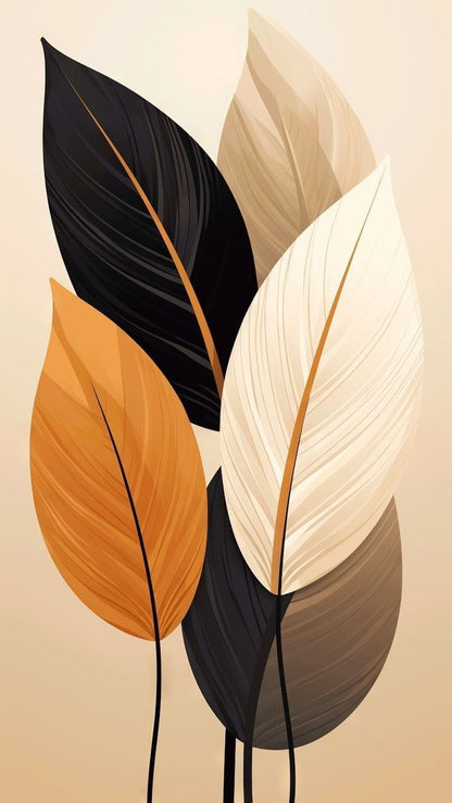Artistic illustration of leaves in black, orange, and beige on a beige background