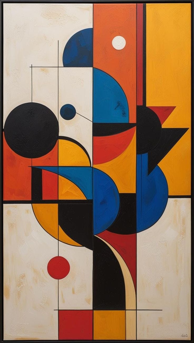 Abstract art piece with geometric shapes in red, blue, black, and orange on a beige background
