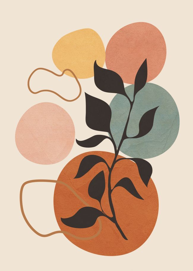 Abstract design with leaves and colorful circles on a beige background