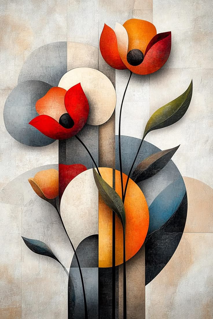 Abstract art of flowers with geometric shapes on a textured background