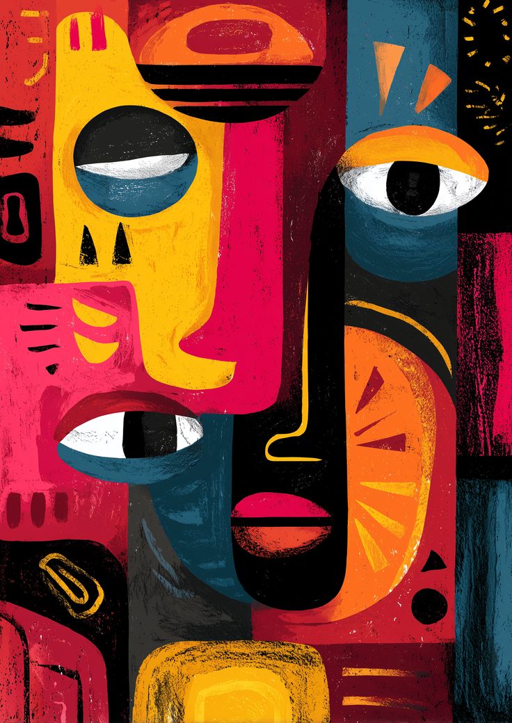 Abstract artwork with colorful faces and geometric shapes