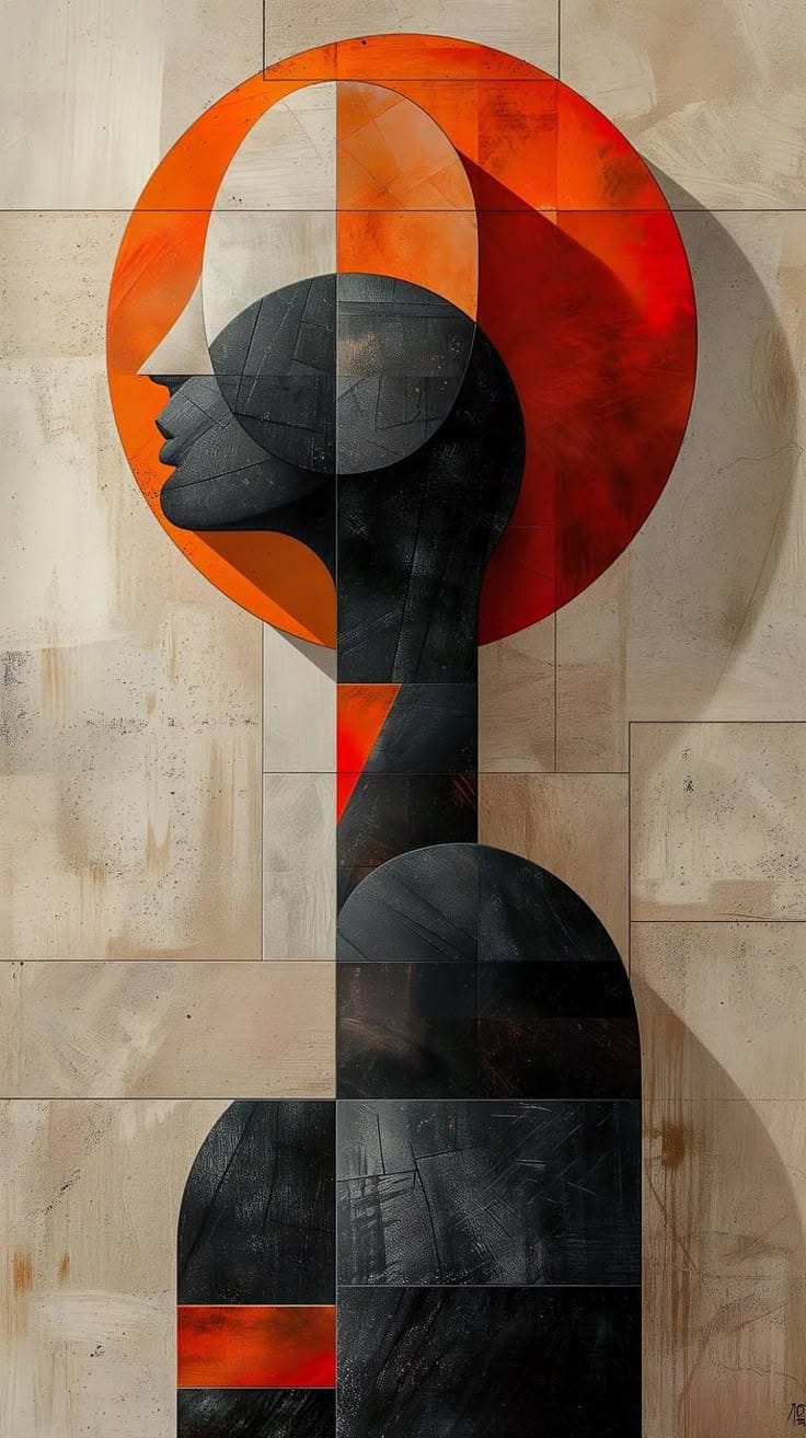 Abstract art piece with geometric shapes on a textured beige background