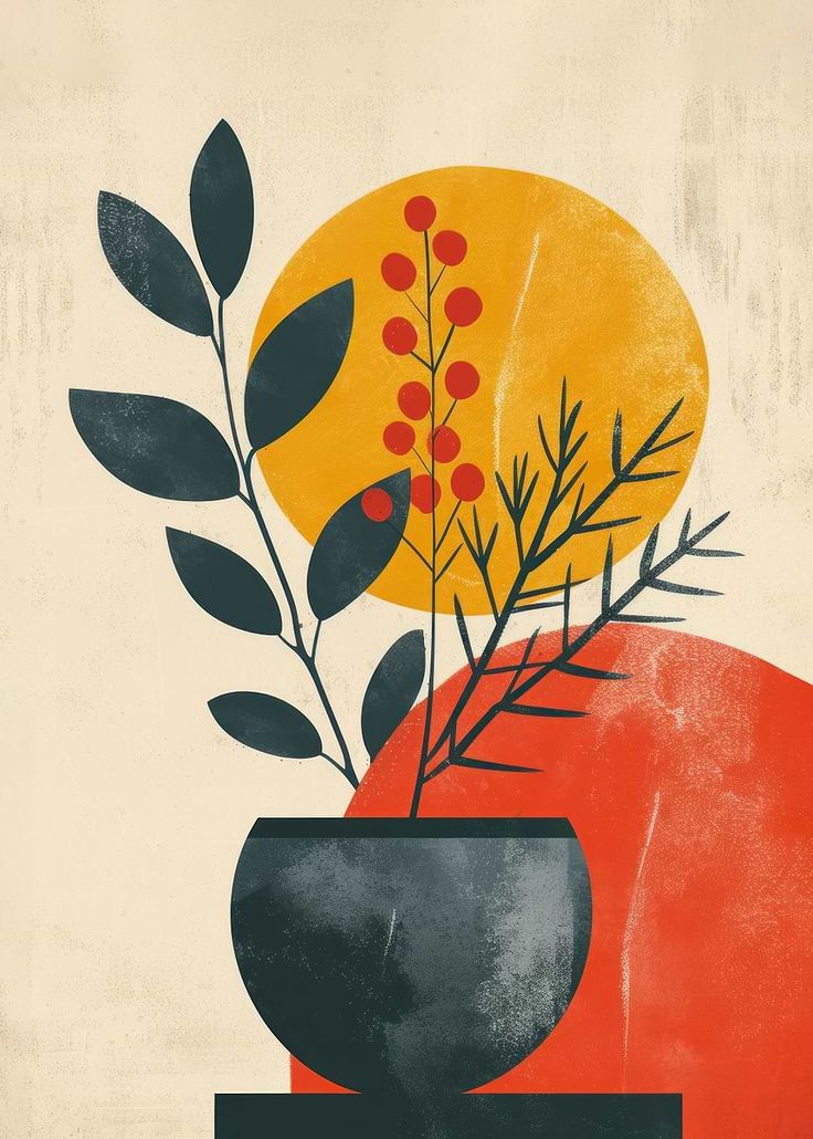 Abstract design with plant elements and colored circles on a beige background