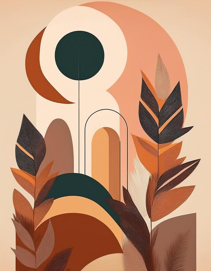 Abstract design with leaves and circular shapes on a beige background