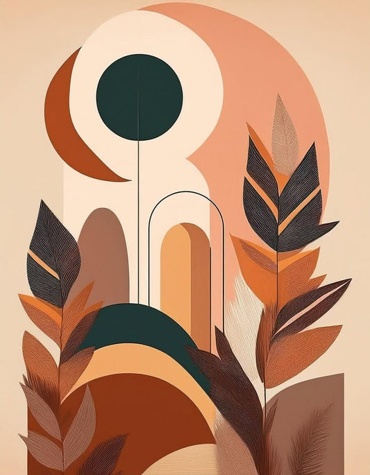 Abstract design with leaves and circular shapes on a beige background