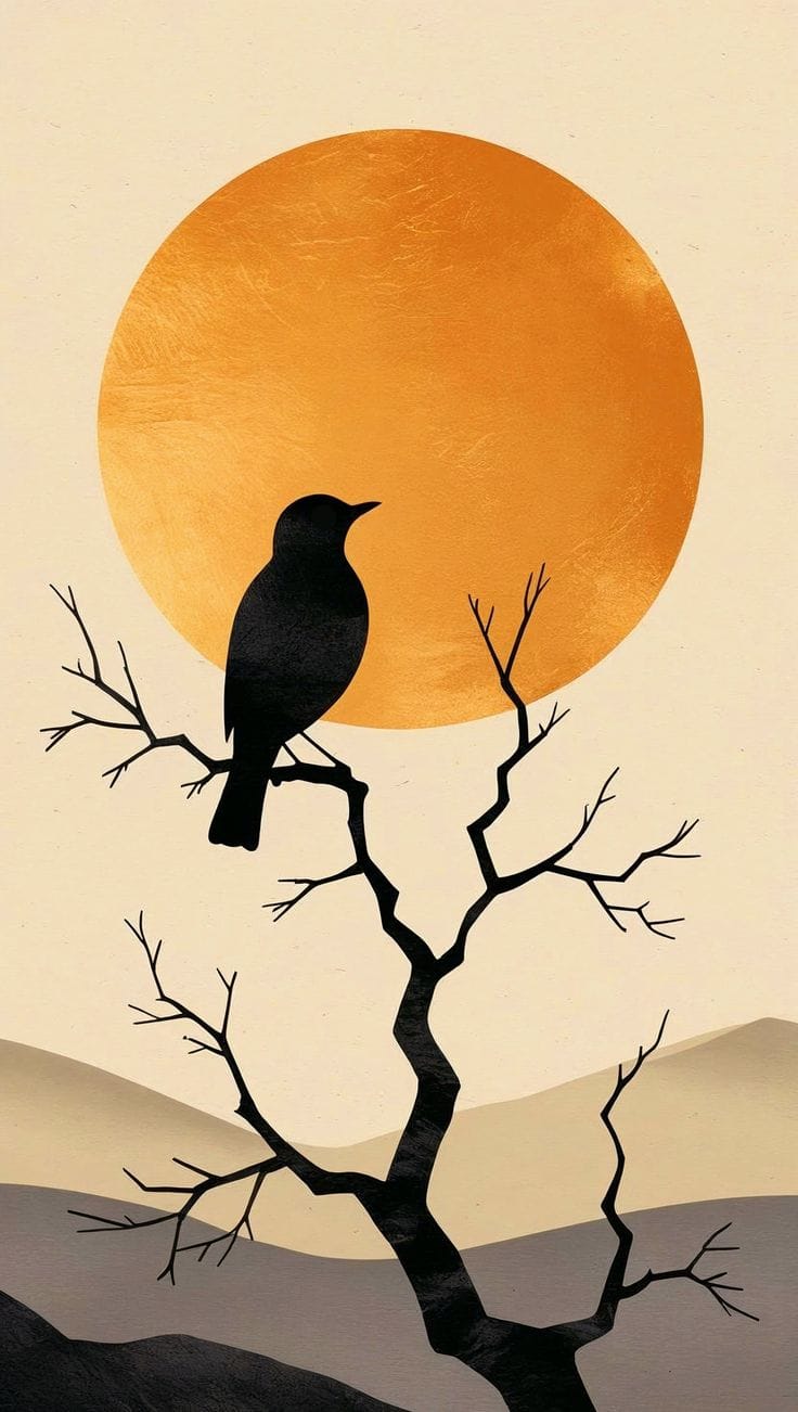 Silhouette of a bird on a branch with an orange sun and mountains in the background