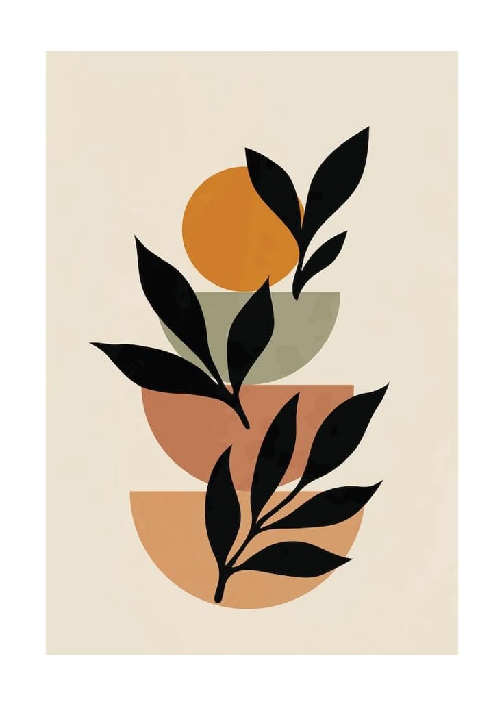 Abstract art print with black leaves and circular shapes on a beige background