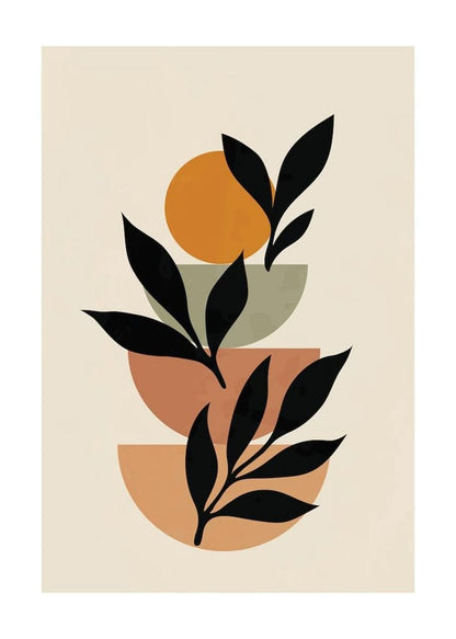 Abstract art print with black leaves and circular shapes on a beige background