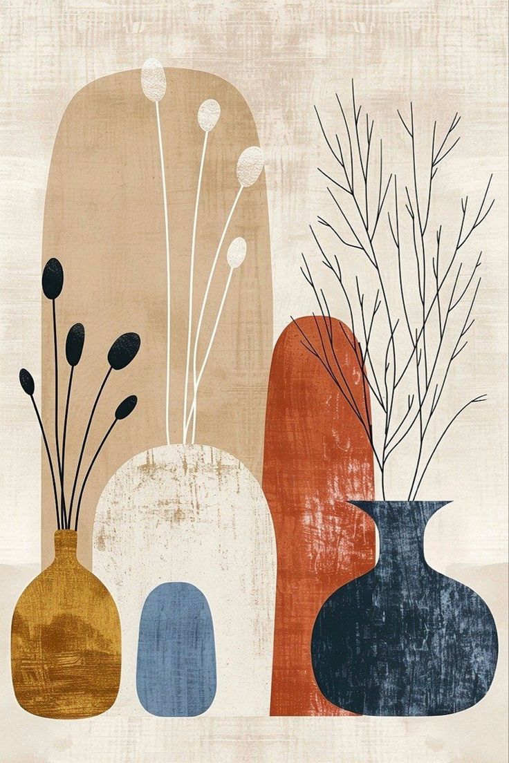 Abstract art of vases and branches on a textured beige background