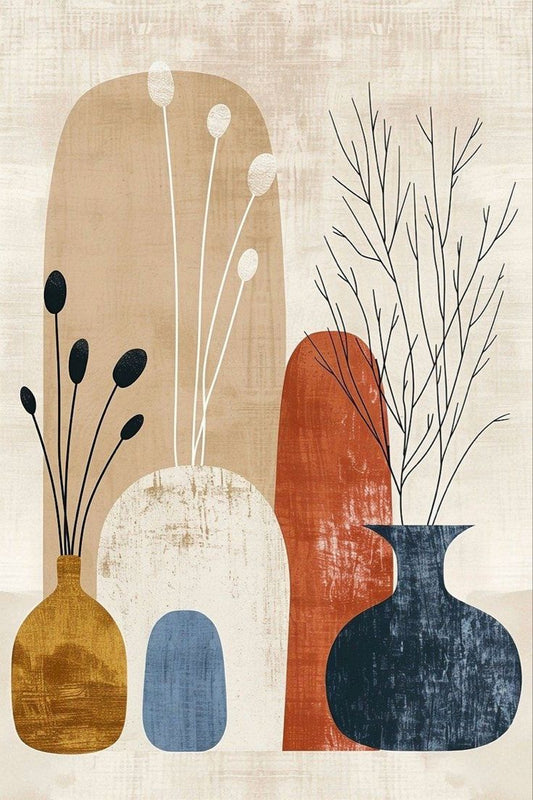 Abstract art of vases and branches on a textured beige background