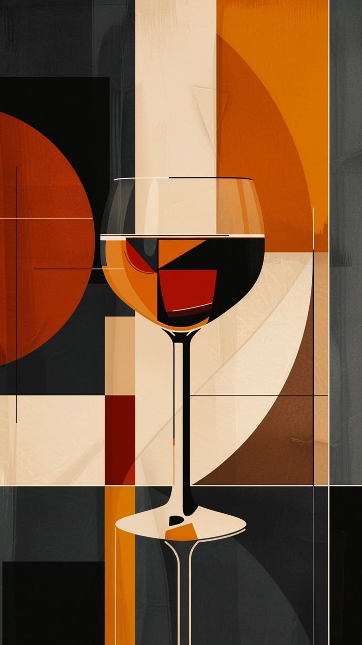 Abstract art piece with a wine glass and geometric shapes in orange, black, and white.