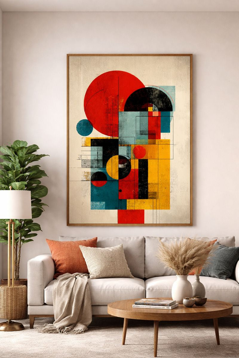 Living room with a colorful abstract painting on the wall, a gray sofa with pillows, and a wooden coffee table.