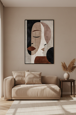 Modern living room with a beige sofa, abstract art on the wall, and a small table with decor.