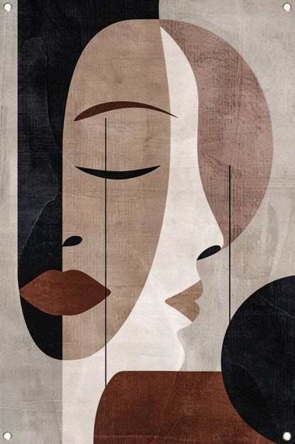 Abstract art of a face with geometric shapes in brown, black, and white.