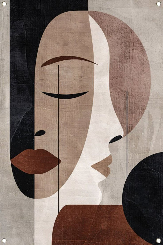 Abstract art of a face with geometric shapes in brown, black, and white.