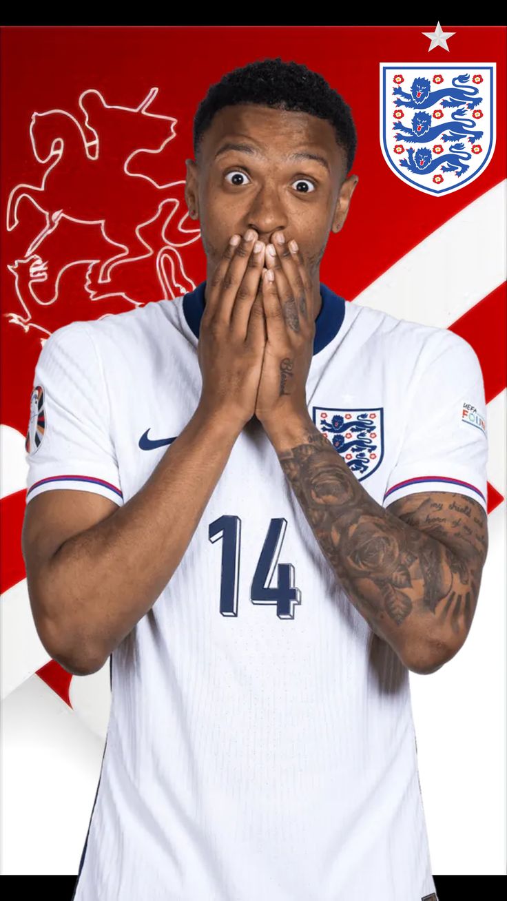 Person wearing an England soccer jersey with a surprised expression, against a red background with a lion emblem.
